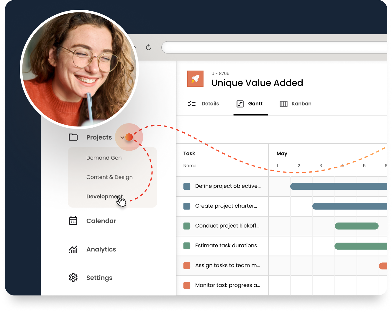 A person on a video call is shown in an inset over a project management dashboard, with the homepage navigation menu highlighted and a Gantt chart visible on the "Development" section. Consensus