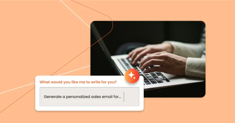 Hands typing on a laptop with a text box asking, "What would you like me to write for you?" and urging to "Generate AI prompts for personalized sales outreach. Consensus