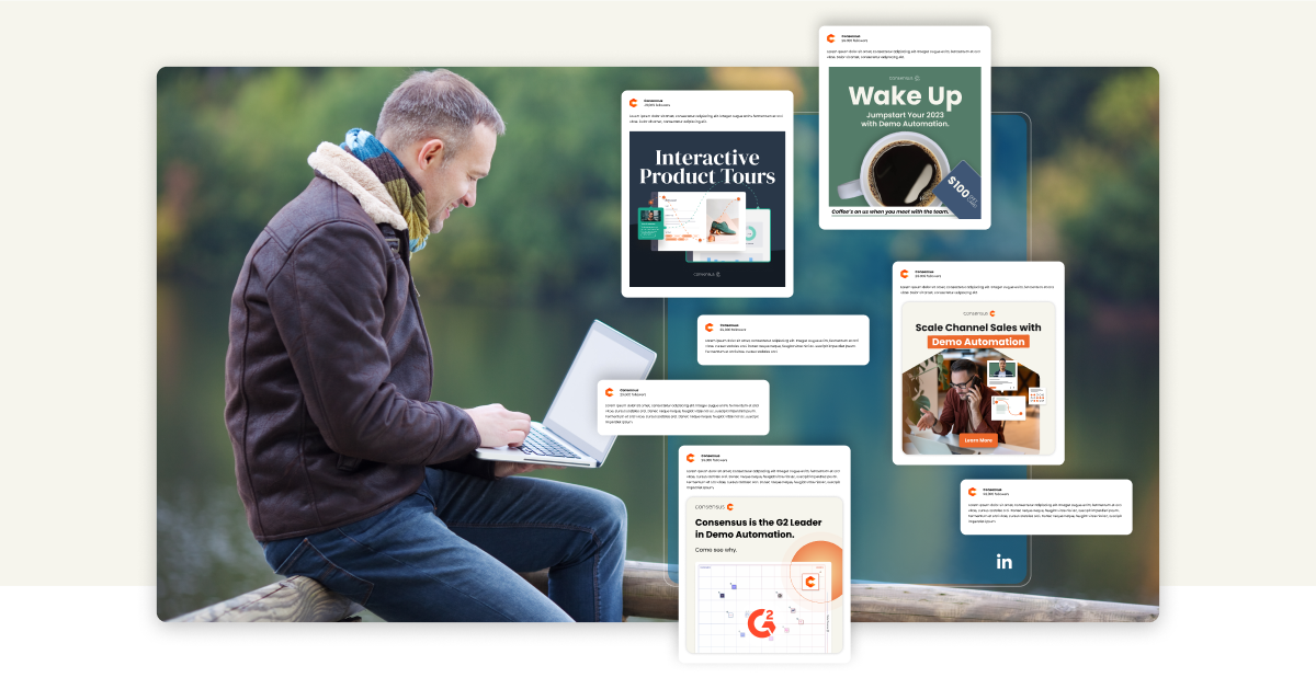 A man is sitting on a log with a laptop in front of him, engrossed in professional networking on LinkedIn.