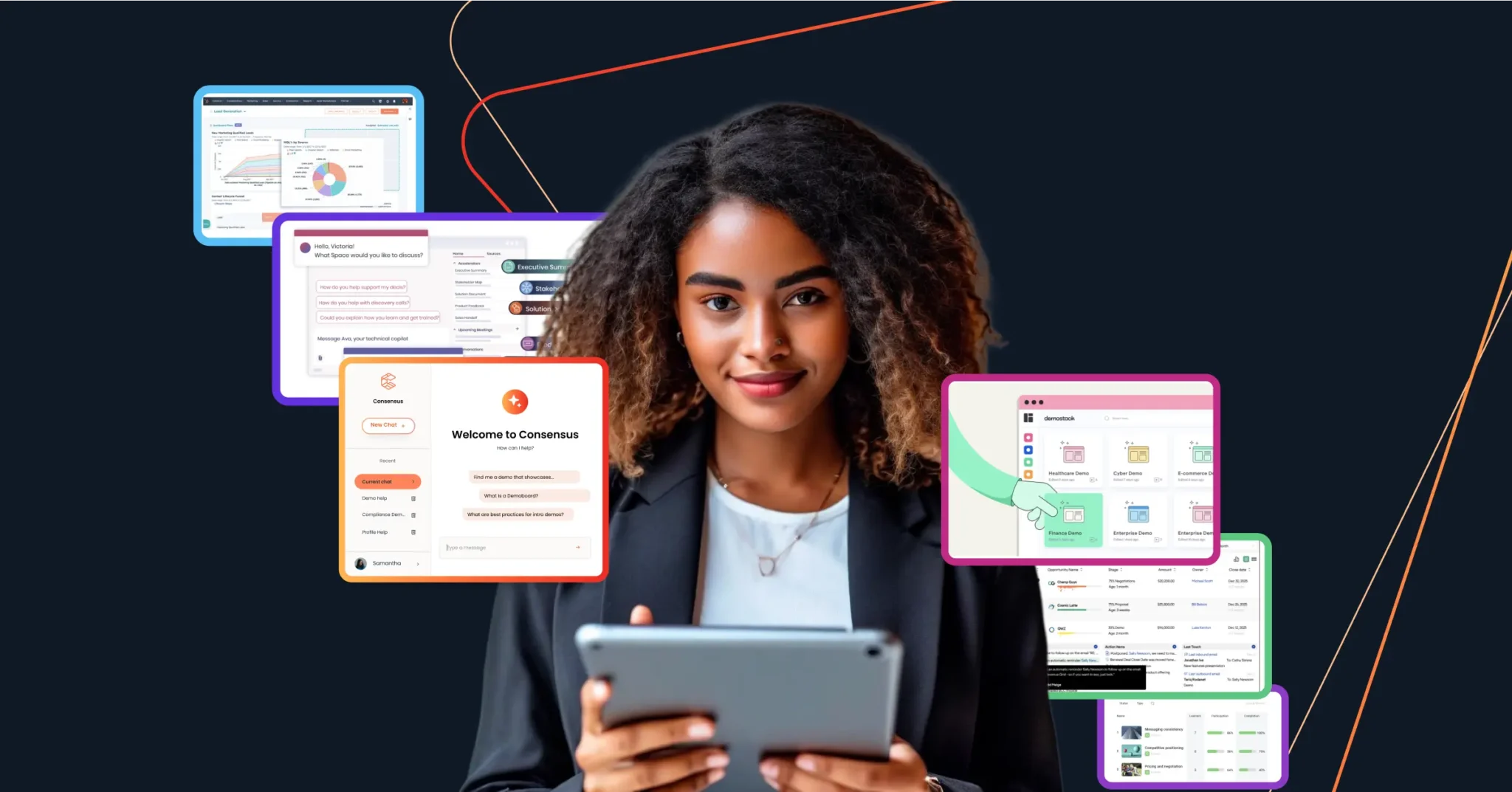 A woman holding a tablet stands in front of a dark background, surrounded by floating presales software tools interface windows and dashboard graphics. Consensus