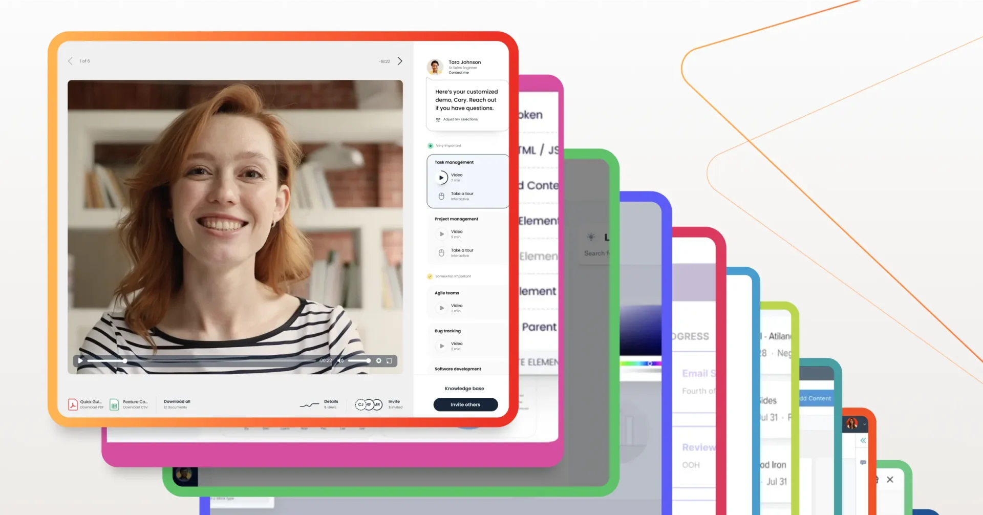 A woman with red hair smiles during a video call on a computer screen, immersed in a vibrant product experience, surrounded by overlapping colorful interface frames. Consensus