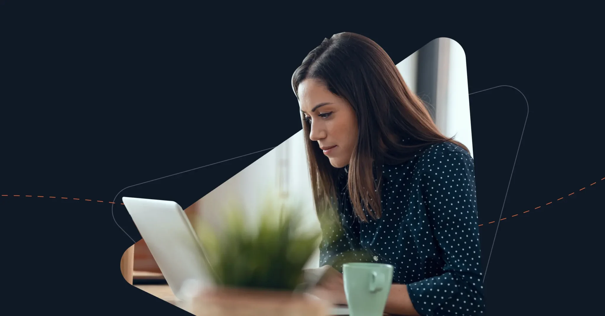 A woman in a dark polka dot shirt works on a laptop at a desk with a green mug and a plant, using pitch templates against a dark abstract background. Consensus