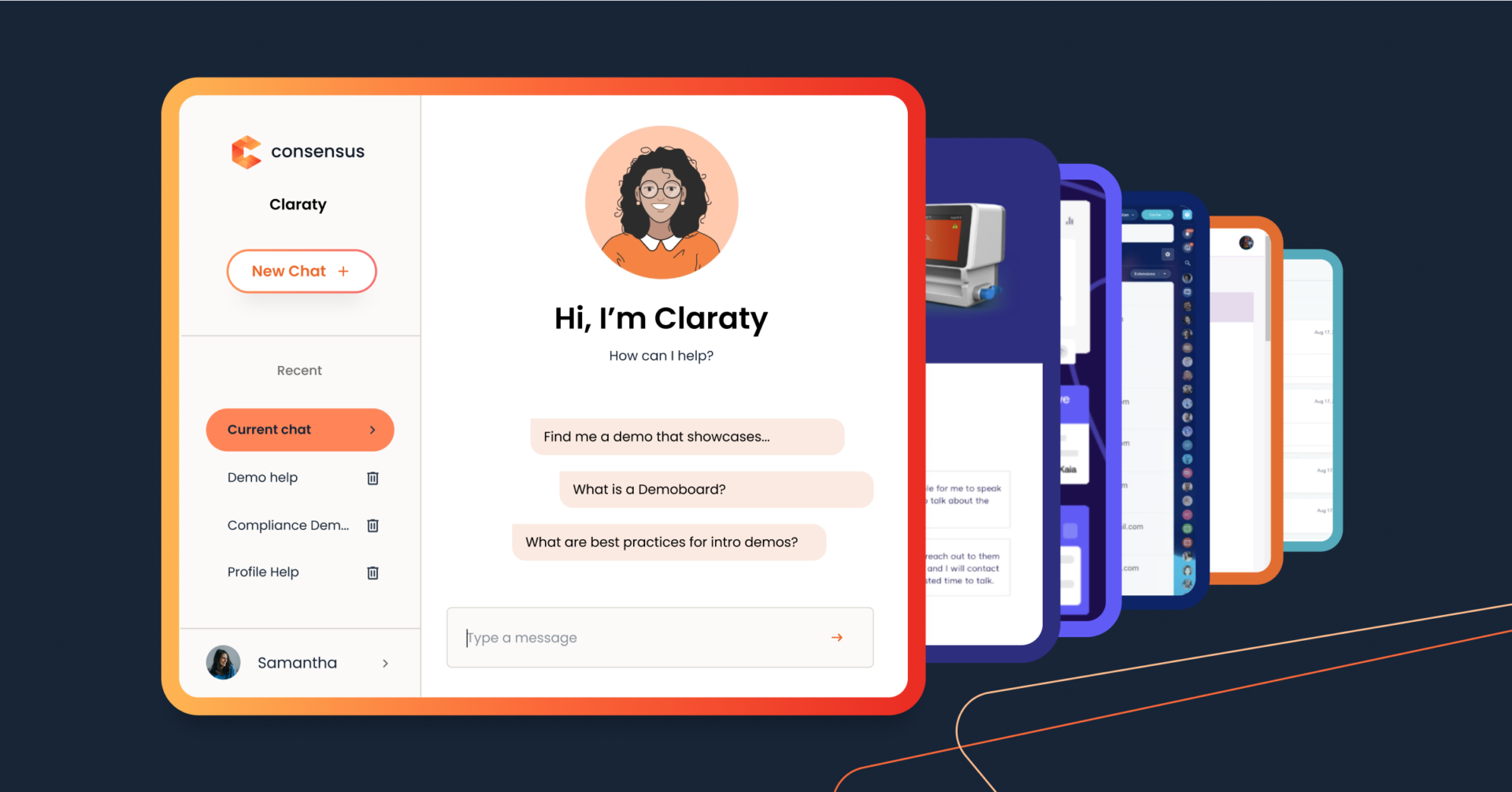 The chat interface features Clarity, an AI assistant poised to help with queries. In the background, 2025-themed screens overlap, hinting at advanced AI sales tools and the pursuit of ambitious sales goals. Consensus