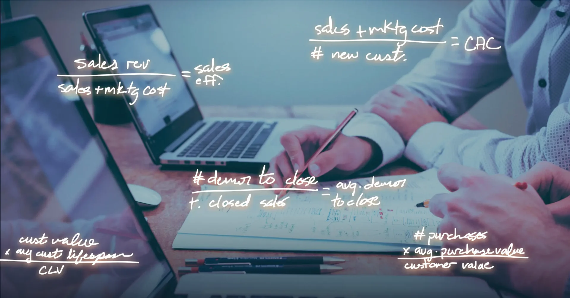 Two people working at a desk with open laptops are focused on boosting sales. They're taking notes on paper filled with handwritten business formulas, calculations, and strategies to enhance sales efficiency while tracking key KPIs. Consensus