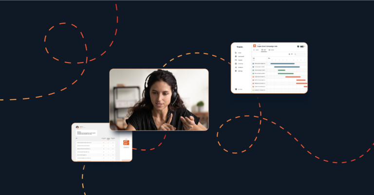 A digital workspace layout displaying a video call screen with a focused woman, a task management interface, and a scheduling calendar, all connected by red dotted lines on a dark background highlighting SaaS best practices.