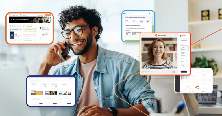 A man smiles while talking on the phone at his desk, surrounded by floating digital interface windows showcasing charts, sales acceleration metrics, messages, and a video call. Consensus