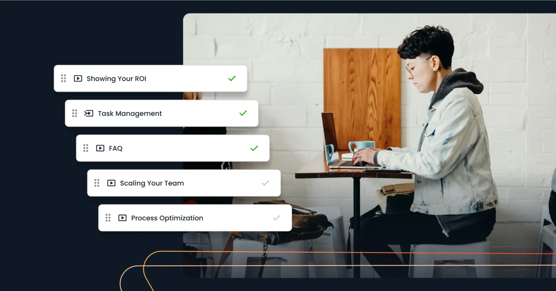A person is using a laptop at a café table, with a checklist displayed alongside, featuring items like ROI, Task Management, FAQ, and Product Qualified Leads. Consensus