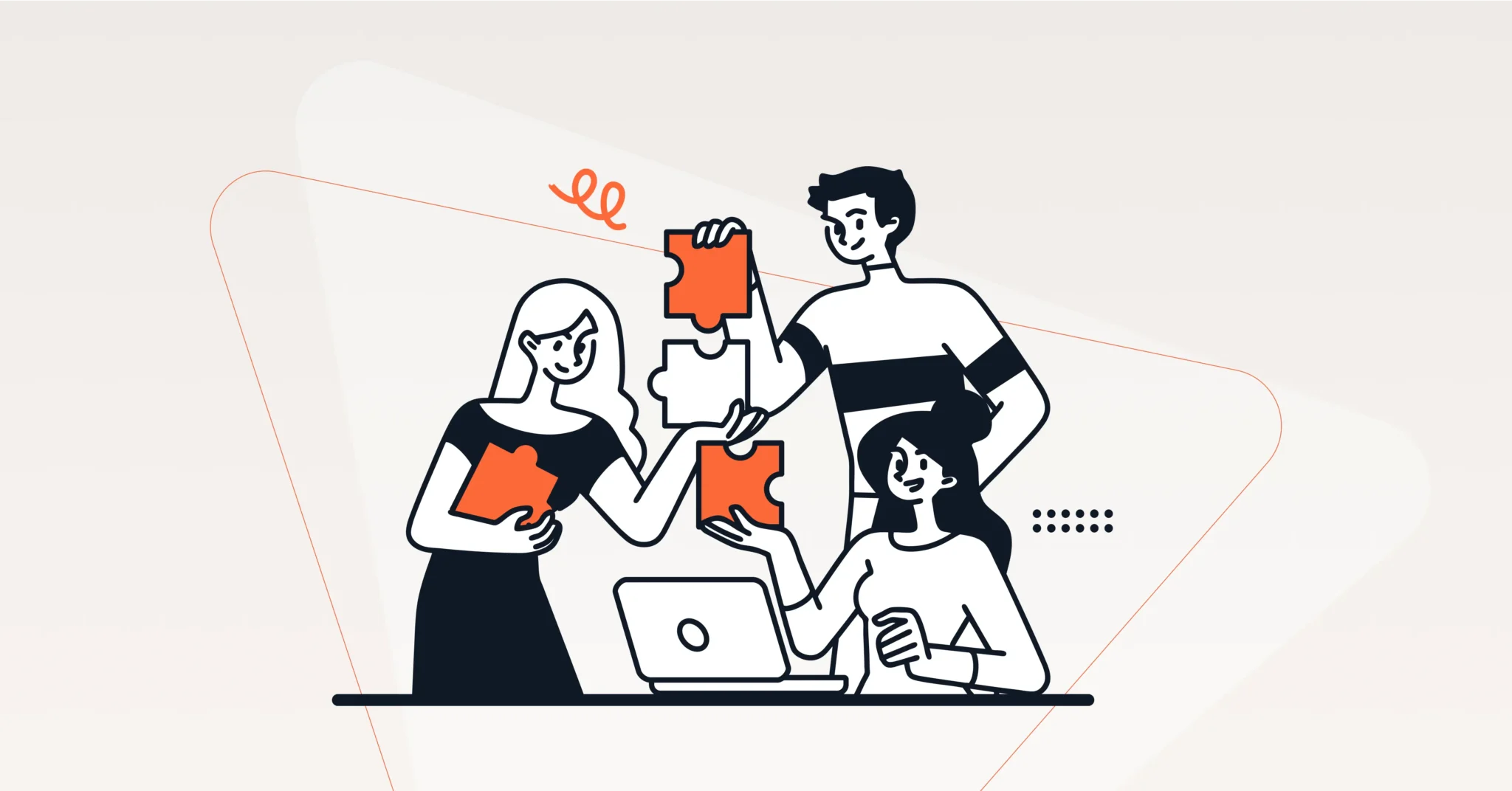 Illustration of three people collaborating at a desk with a laptop, each holding or assembling orange and white puzzle pieces to improve deal velocity. Consensus
