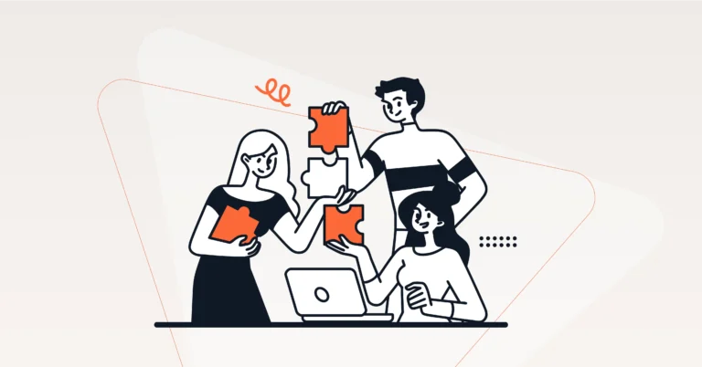 Illustration of three people collaborating at a desk with a laptop, each holding or assembling orange and white puzzle pieces to improve deal velocity. Consensus