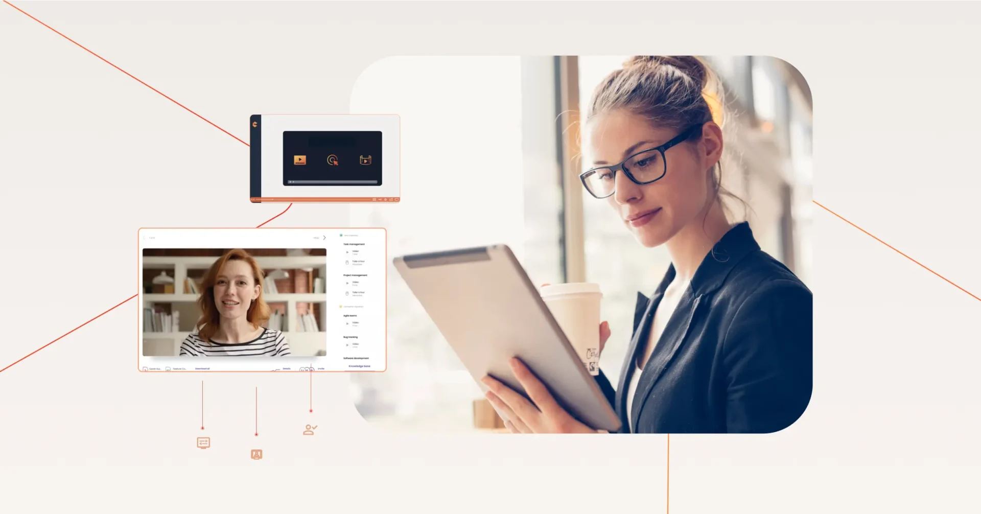 A woman in glasses holds a tablet and a coffee cup. Nearby, a video call with a woman, and a digital interface are displayed on screens. Consensus