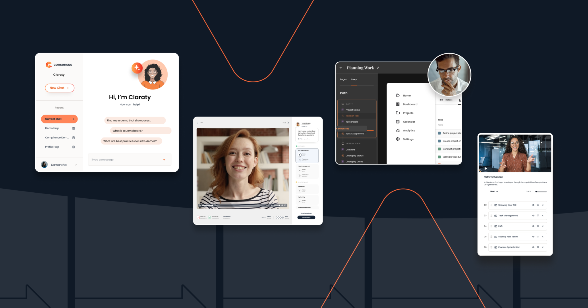 A collage showcasing user interface screens of video calls, chat, and task management tools—highlighting Product Experience with profile photos of diverse professionals against a dark background. Consensus