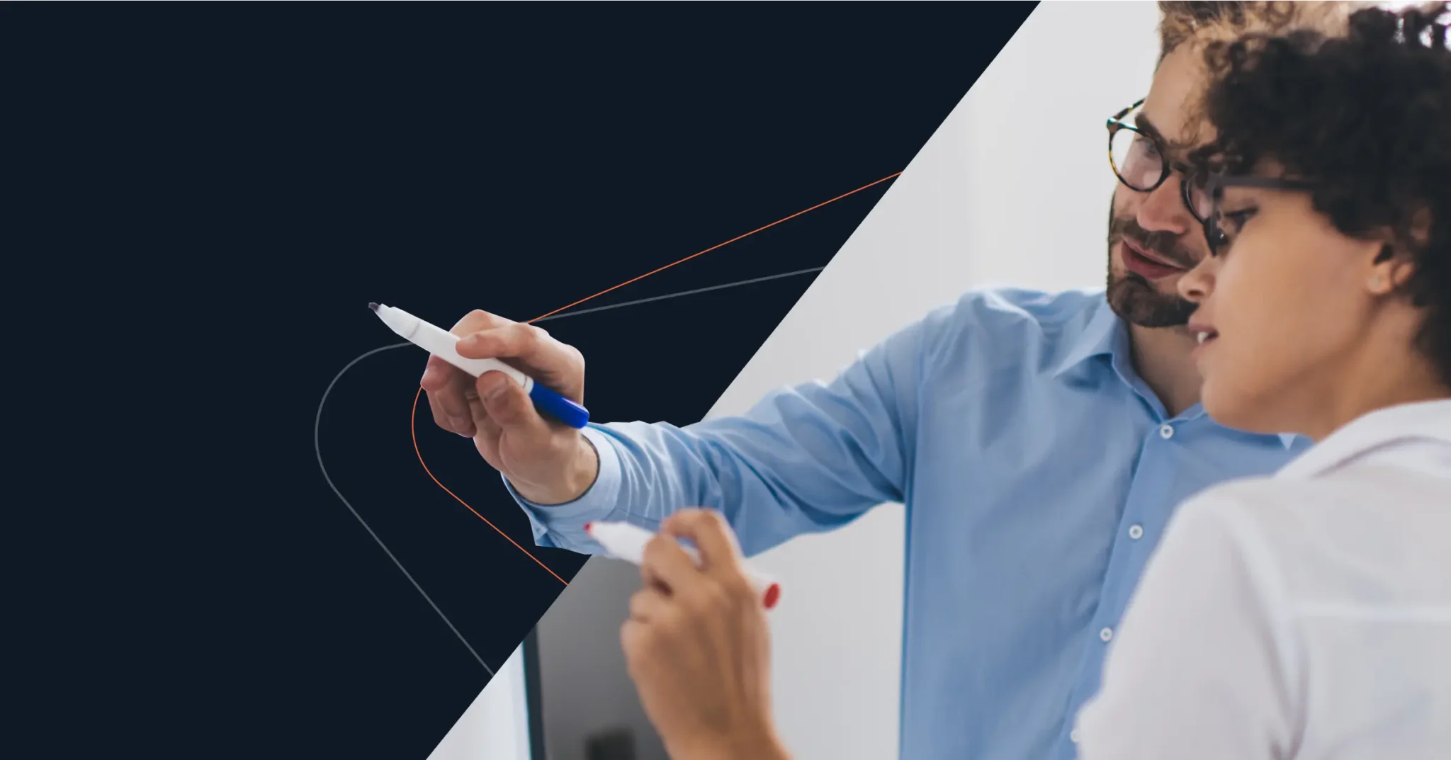Two people stand closely, discussing and writing on a whiteboard—perhaps outlining a PQL Checklist to identify high-intent buyers—while holding markers, with a geometric dark overlay on the left side of the image. Consensus