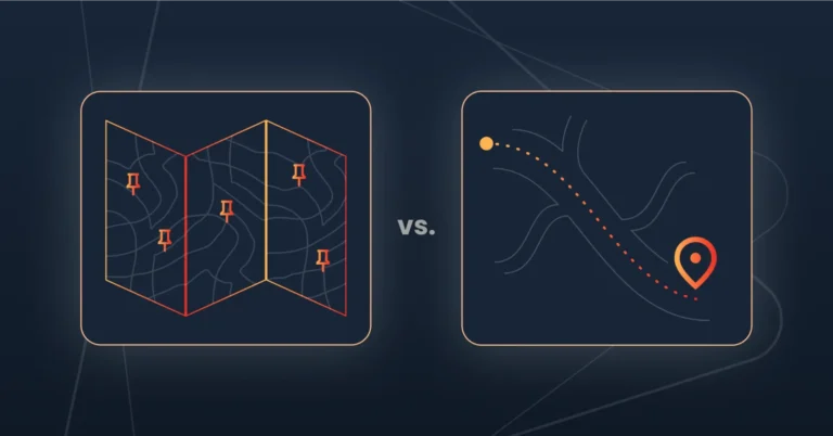 Illustration highlighting the difference between a traditional folded map with indicators and a digital map featuring a path and location marker.