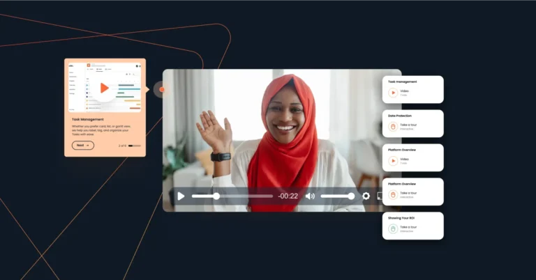 A woman wearing a red hijab waves during a video call. On the side, there is a task management dashboard and a list of marketing strategies.