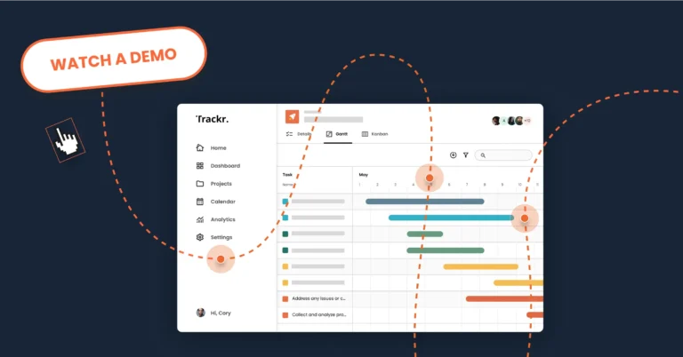 Screenshot of a project management software interface, showing various timeline charts and menu options, with a "Watch a Demo" button on the left side.