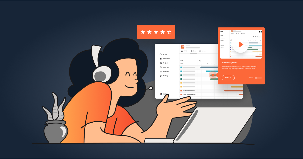 Illustration of a person with headphones using a laptop, displaying ratings and charts on the screen, symbolizing Customer Success. A small plant is beside the laptop.
