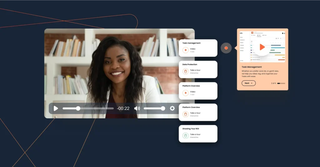 Video call screenshot of a woman with a bookshelf background on a dark blue interface that includes widgets for task approval, data protection, platform overview, activity feed, and standup sync. Incorporate interactive demo tips to help you shorten sales cycles effortlessly.