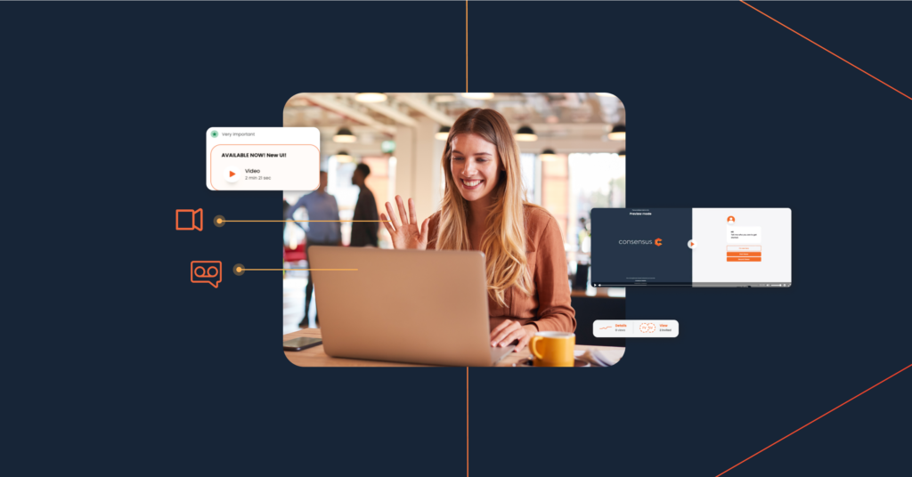 A woman sits at a desk in a modern office, interacting with a laptop; surrounding her are digital icons representing communication and technology platforms. The scene reflects her focus on content creation, with video demos playing on-screen to illustrate her innovative ideas.