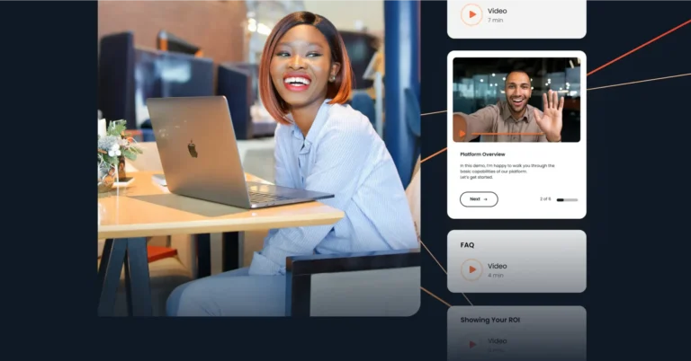 A person smiles at a table with a laptop. To the right, a digital interface displays video tutorials and FAQs, fostering an Enterprise Seller's journey toward Building Better Relationships with clients. Consensus