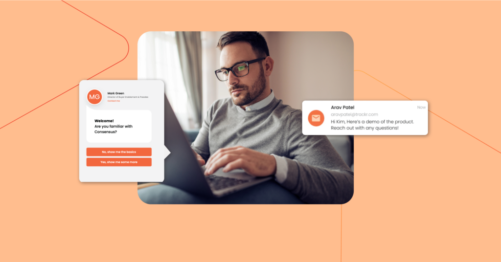 A person with glasses using a laptop is interacting with an on-screen pop-up message from Aron Patel about a product demo. The pop-up message, labeled as part of the Ultimate Guide for Buyer Enablement, includes options for "Yes, show me the basics" and "No, show me more later.