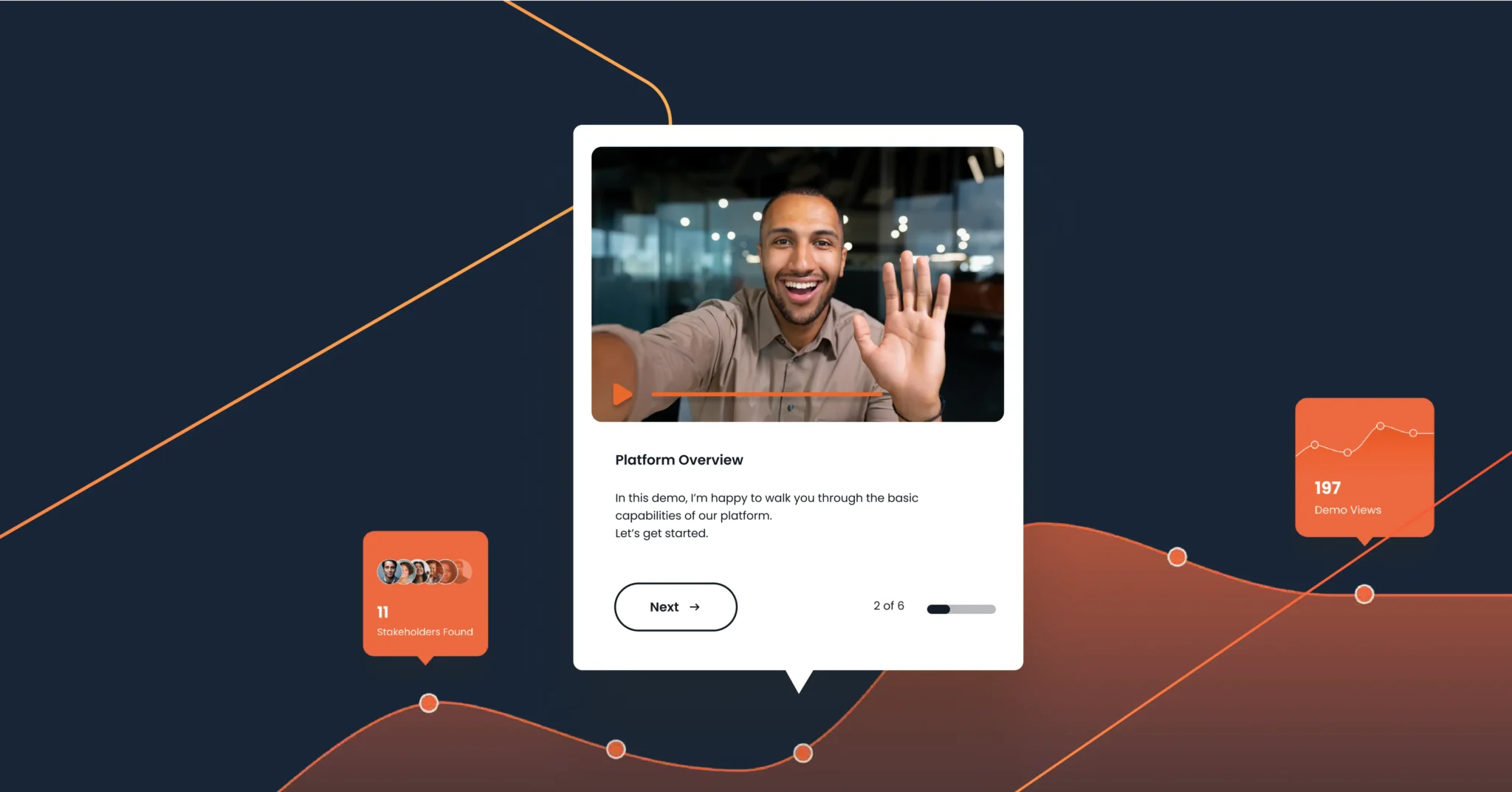 A Solutions Engineer waves at the camera in a video call interface labeled "Platform Overview," with platform statistics displayed on a dark background with orange lines and data points—highlighting the evolving role of presales professionals. Consensus