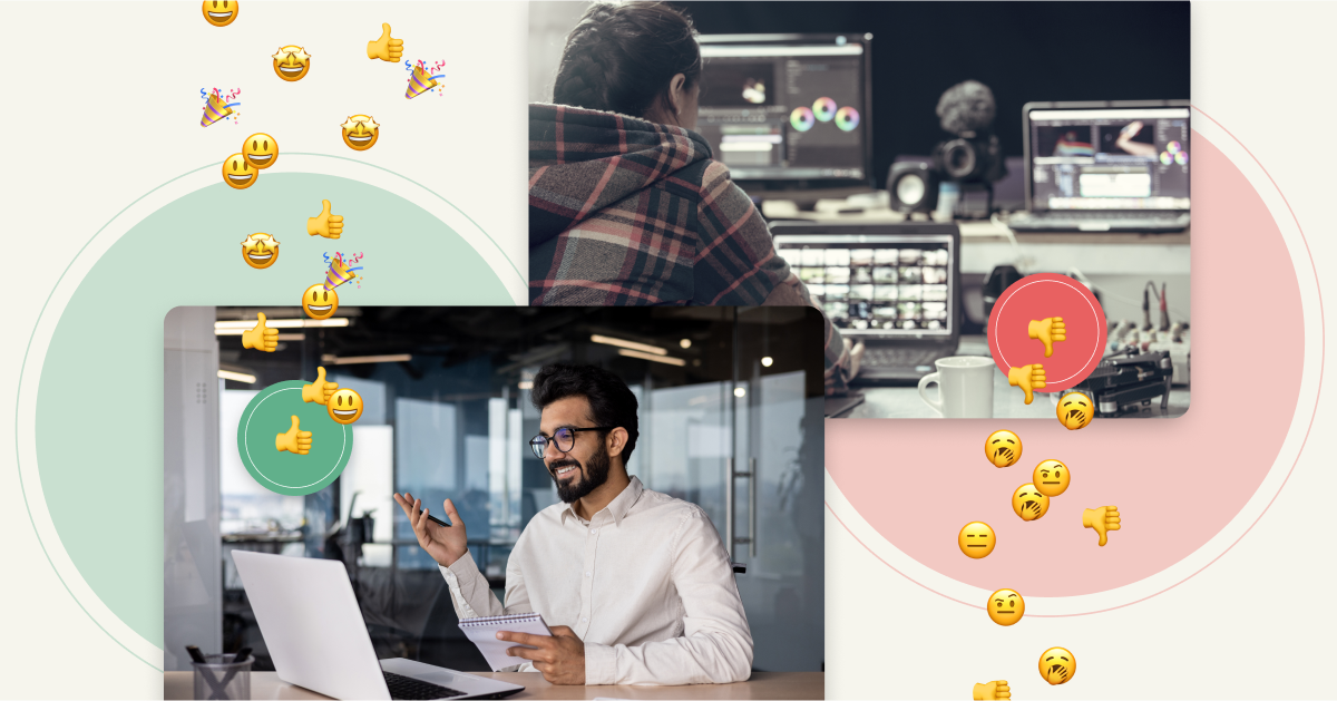 A man is working on a laptop to make engagement and product videos using emojis.