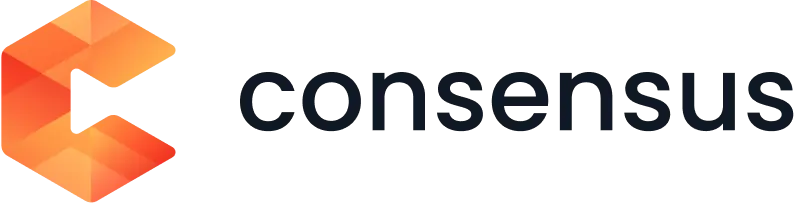 Consensus logo featuring a stylized orange and red "C" shape to the left of the word "consensus" in lowercase black letters. Consensus