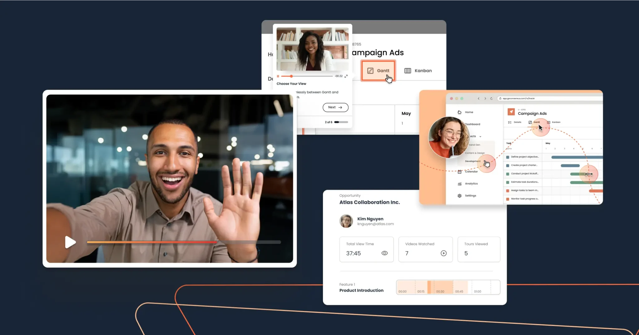 A man waves at a webcam during a video call, surrounded by digital interface screenshots featuring product experiences, schedule planning, and online collaboration tools designed to boost sales efficiency. Consensus