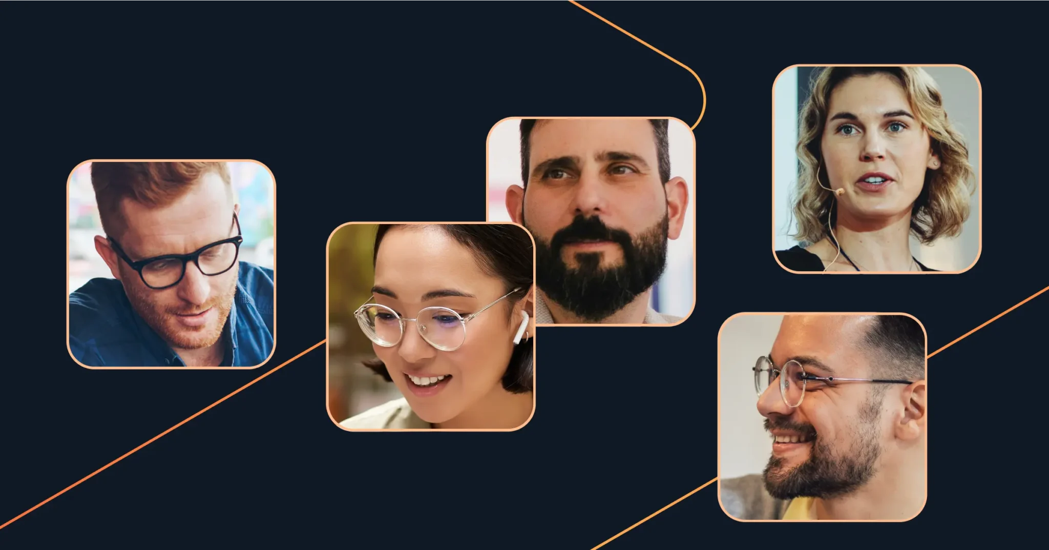 A collage of five people, each in their own frame, with a dark background and thin orange lines connecting the images, representing different paths to become a sales engineer. Consensus