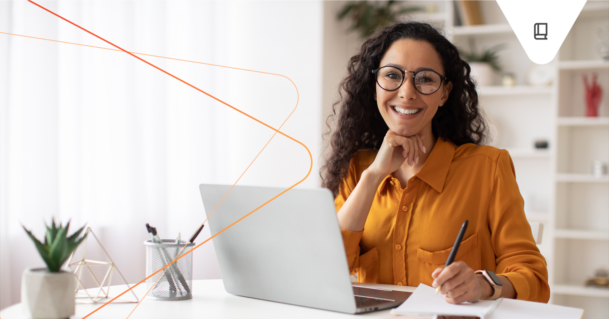 A woman in glasses and an orange shirt sits at a desk with a laptop, holding a pen and smiling at the camera. Office supplies and plants are on the desk. Consensus