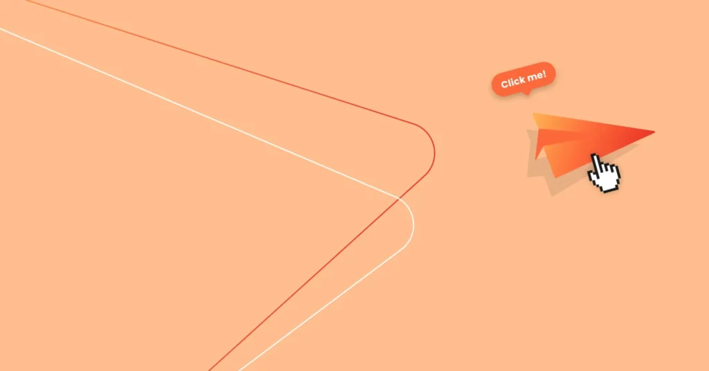 A cursor clicks a red button labeled "Click me!" on an orange background with white and red abstract lines, showcasing the essence of impactful email CTAs designed to get clicked.