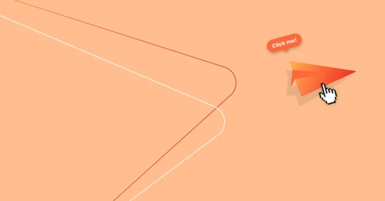 A cursor clicks a red button labeled "Click me!" on an orange background with white and red abstract lines, showcasing the essence of impactful email CTAs designed to get clicked.