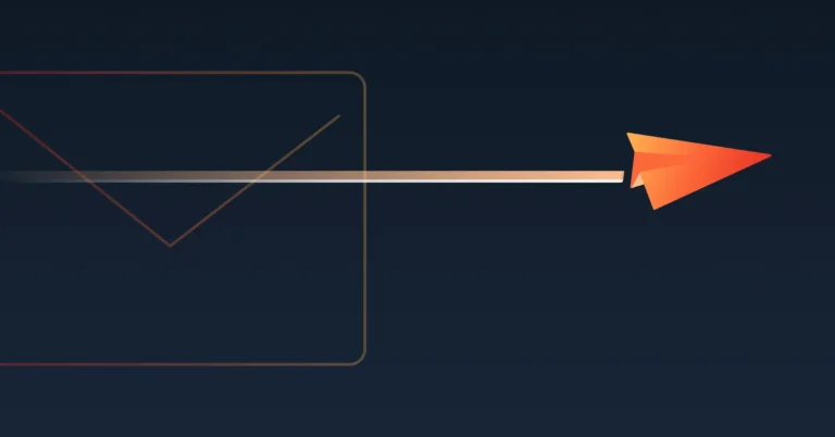 A paper airplane icon is shown flying out of an envelope icon, symbolizing the sending of an email message with compelling subject lines against a dark background.