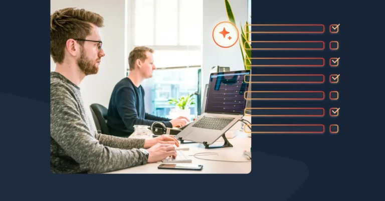 Two people working at desks with computers, one using a laptop stand. A checklist graphic with check marks is on the side, ensuring their AI readiness.