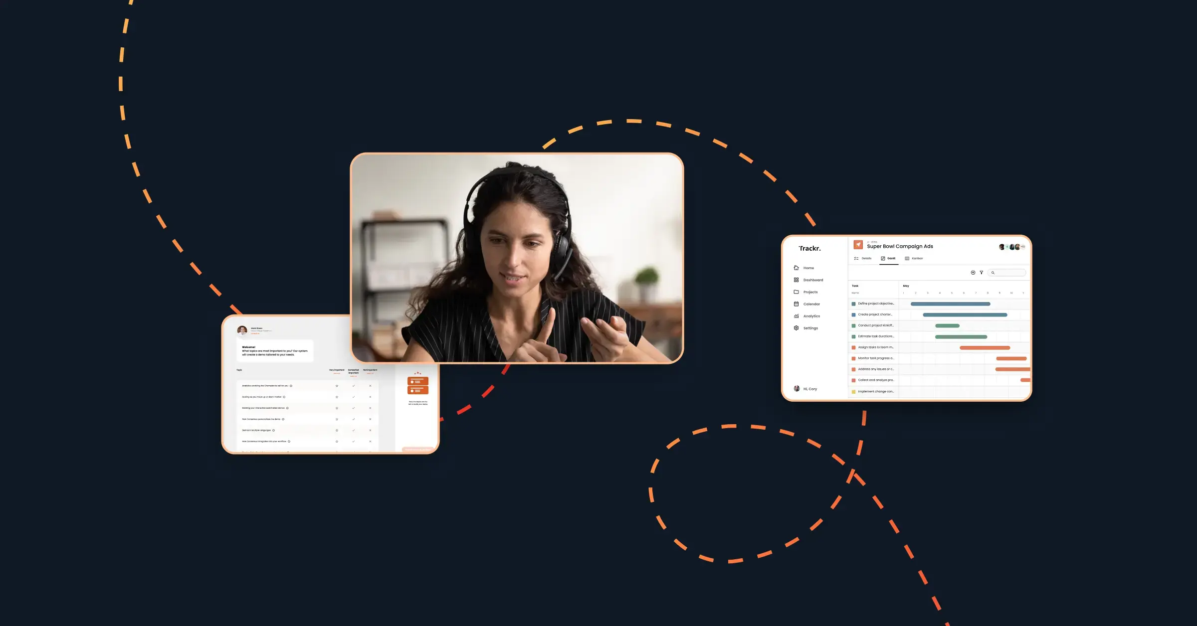 A woman in a video call is centered, with two screenshots of task management software on either side, connected by an orange dashed line against a dark background. The setup appears streamlined for Interactive Demos, providing a clear visual aid for efficient discussions.