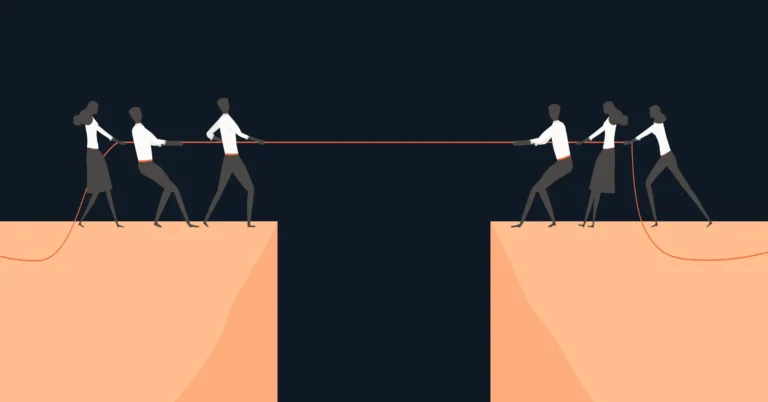 Two groups of people in business attire play tug-of-war across a gap, standing on separate cliffs connected by a red rope, symbolizing the 3 steps Presales Teams take to bridge the gap and drive effective sales.