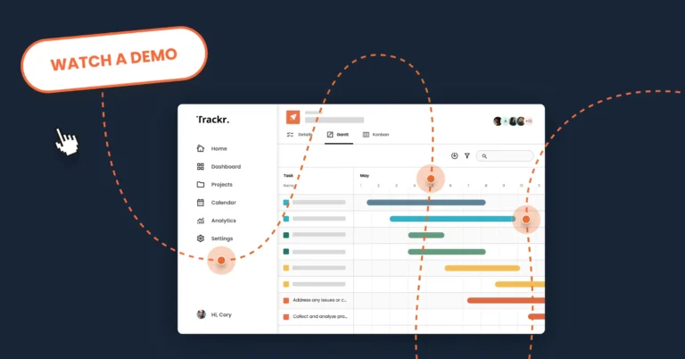 A computer screen displays a project management software interface with a menu on the left and a color-coded timeline. A "Watch a Demo" button, designed to boost user engagement and conversion, is highlighted in the upper left corner.