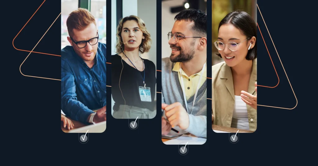 Four people engage in conversation and work on laptops, each framed individually with overlapping lines against a dark background. It's a collaborative setting where departments effectively choose the right product using intuitive product tour software. Consensus