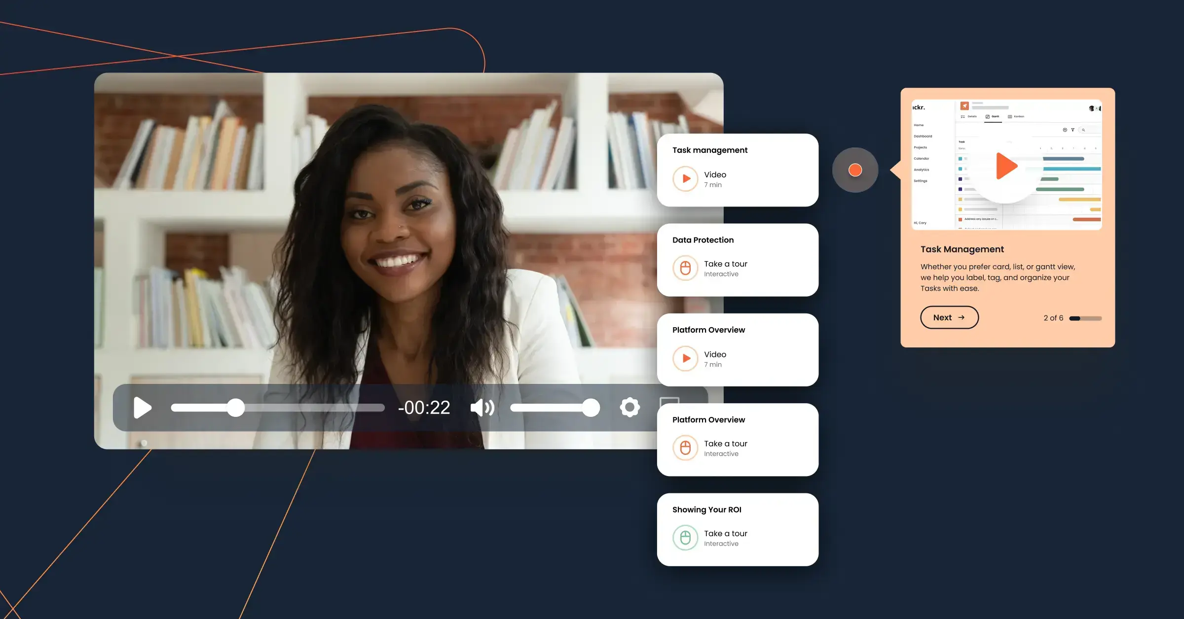 A woman smiling while on a video call is shown on a screen. Next to her are labeled sections for different training modules such as Data Management and Platform Overview, designed to help you shorten your sales cycle.