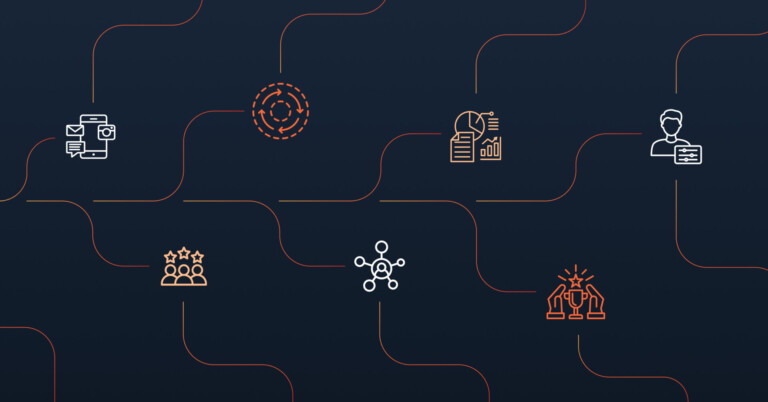 Icons on a dark background represent various concepts: messaging, data analysis, person reading, teamwork, network, and robotics, all seamlessly weaving into an omnichannel strategy. Consensus