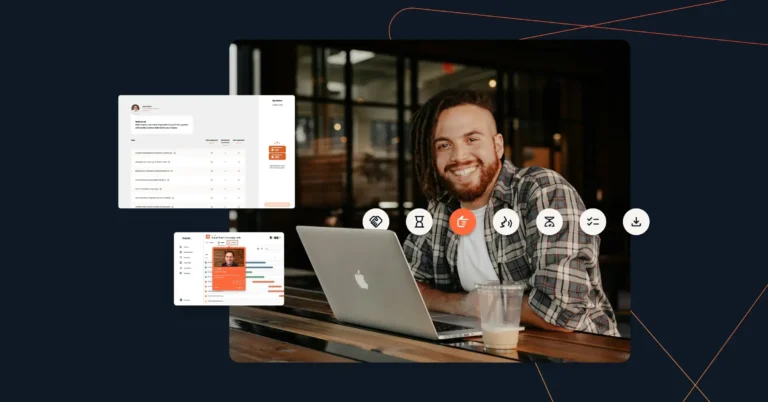 A person smiling while using a laptop at a desk inside a modern workspace. Inset images, featuring effective demos by demo coach Kerry Sokalsky, display various software application screens.