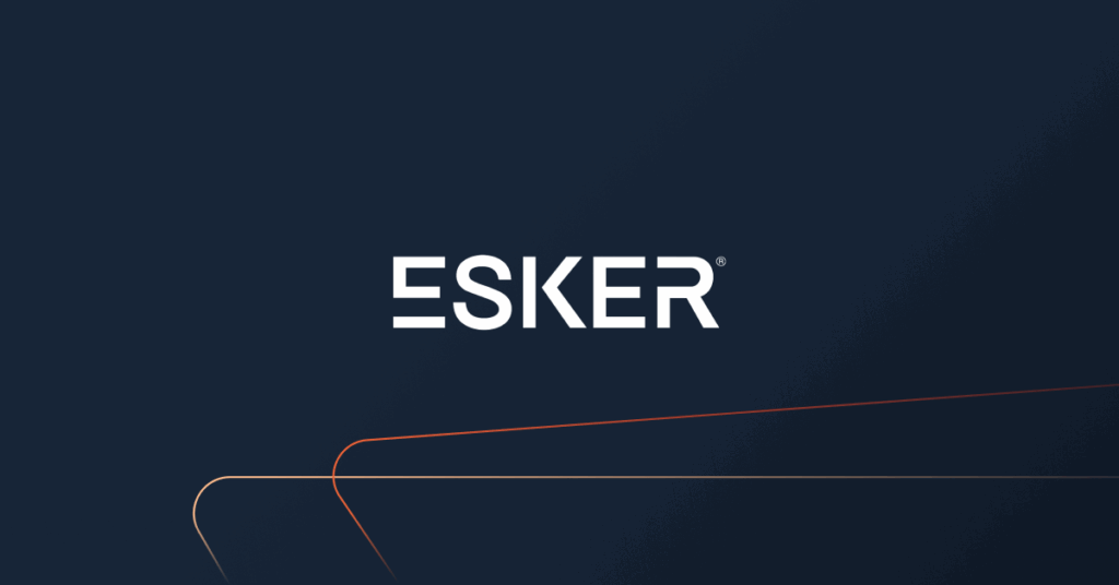 White "ESKER" logo centered on a dark blue background with thin red and gold diagonal lines in the lower left corner, reflecting Esker's commitment to accelerating implementation through innovative solutions. Consensus