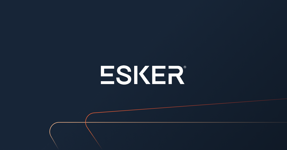 White "ESKER" logo centered on a dark blue background with thin red and gold diagonal lines in the lower left corner, reflecting Esker's commitment to accelerating implementation through innovative solutions. Consensus