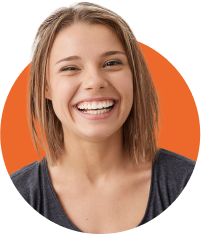 A smiling woman in an orange circle.