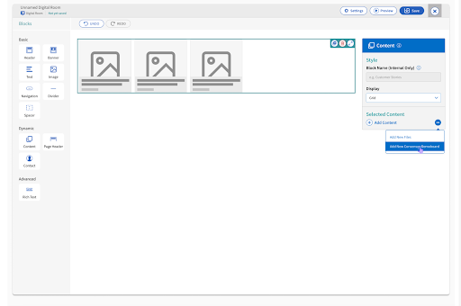 A webpage editor interface displays three image placeholders in a row, with a settings panel open on the right side showing content and style options. Consensus