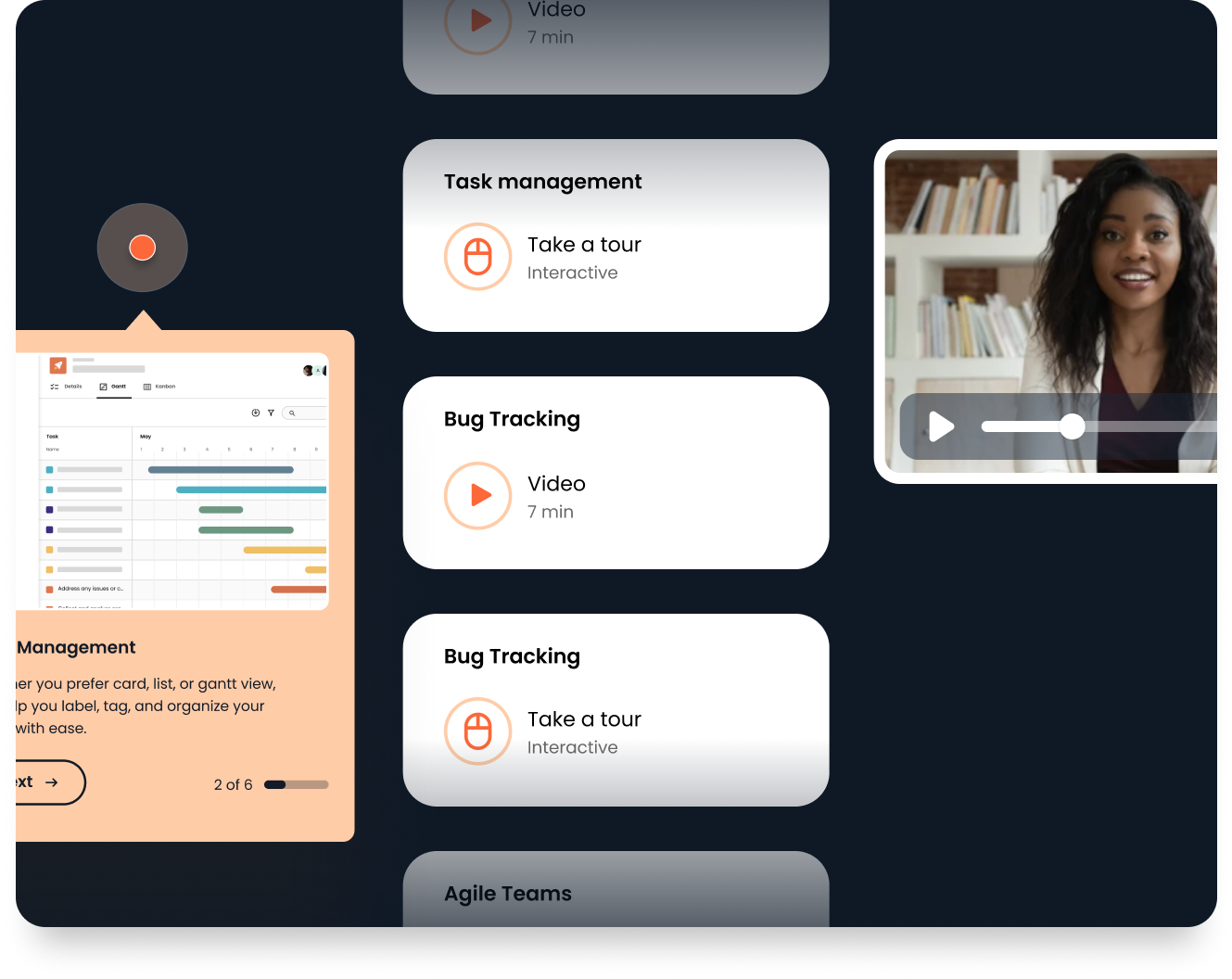 The homepage features a software interface with task management and bug tracking tour options, a Gantt chart screenshot, and a paused video of a woman speaking in front of shelves. Consensus