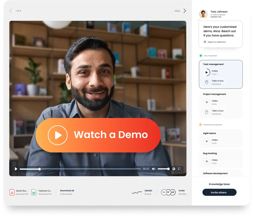 Man with beard smiling in an online video demo interface. Shelves with books and plants are in the background. Text overlay reads "Watch a Demo. Consensus