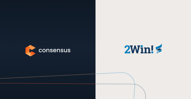 Two company logos on a split blue background; "Consensus" with an orange hexagon on the left formalizes partnership with "2win!" featuring a blue quill on the right.