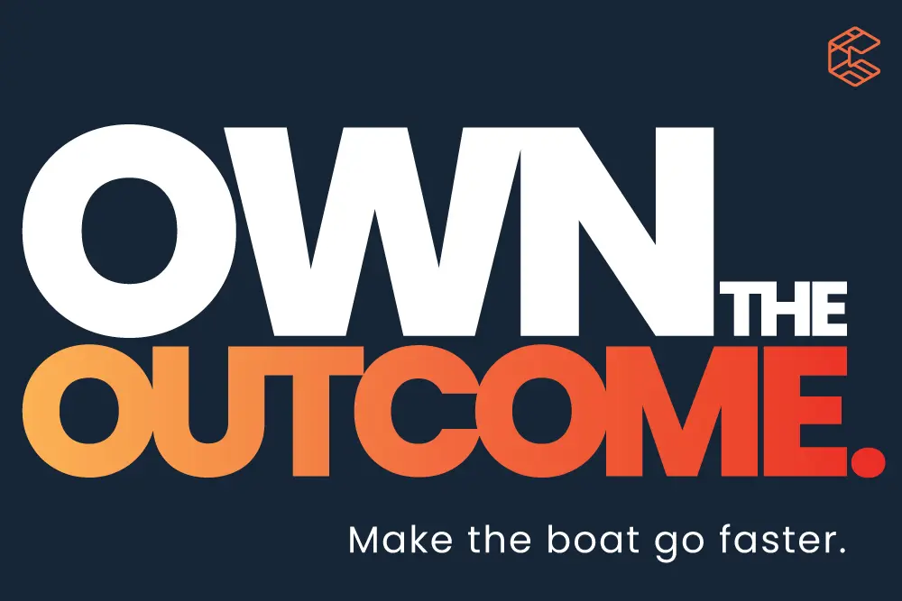 White and orange text on a dark background reads "OWN the OUTCOME. Make the boat go faster." Logo in the top right corner. Consensus