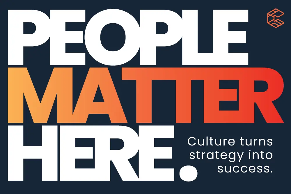 Bold text reads "PEOPLE MATTER HERE." Smaller text says "Culture turns strategy into success." A stylized logo is in the top right corner. Consensus